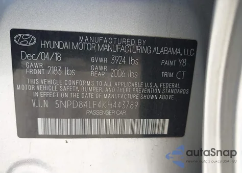 2019 Hyundai Elantra Sel z USA, uszkodzony, nr VIN 5NPD84LF4KH443789